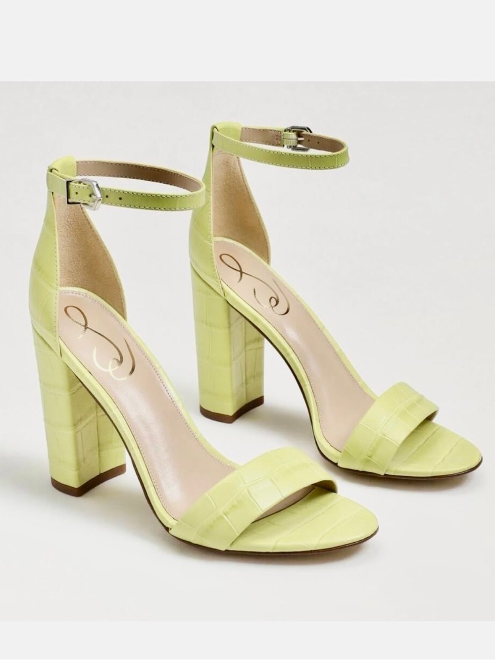Sam Edelman Yaro 9 Lime Croc-Embossed Ankle-Strap Block Heels